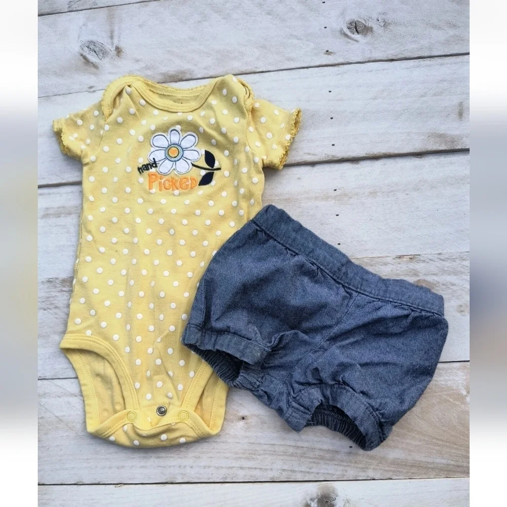 Carter's Baby Girl Polka Dot One Piece With Denim Shorts Yellow Blue Size 6 Mos